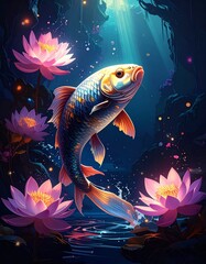 Colorful Koi Fish and Lotus Flowers – Fantasy Digital Art Illustration
