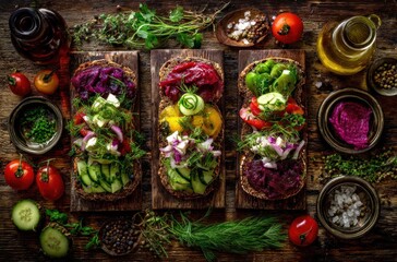 Three open-faced sandwiches, each with uniquely arranged colorful vegetables atop toasted bread, presented on wooden boards with various herbs & spices