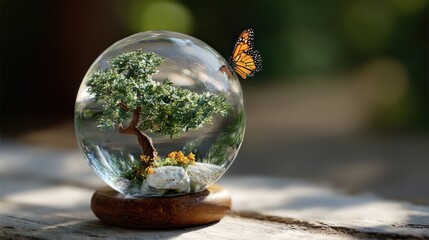 A captivating snow globe featuring a miniature tree and a vibrant butterfly, symbolizing natures beauty and delicate balance
