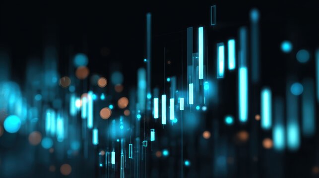 Futuristic digital data visualization with glowing blue lines and colorful bokeh effects on a dark background.