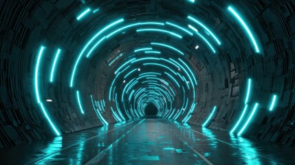 Futuristic tunnel illuminated by glowing blue lights, creating a surreal atmosphere and vibrant visual effect.