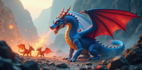 A blue dragon among three others, fiery breath visible , myth, flight, mythical