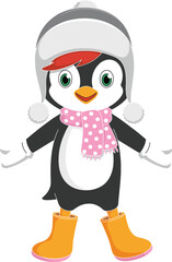 Cute penguin cartoon character in winter hat scarf and boots, children mascot illustration, animal design, cad drawing flat vector illustration