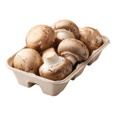 Fresh brown mushrooms in eco-friendly cardboard tray isolated on white background, organic vegetables for cooking, natural food and healthy diet.