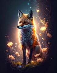 Fantasy Wildlife with Glowing Flowers and Magical Atmosphere