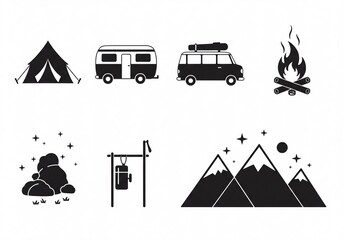 A set of black silhouette icons representing camping, travel, and outdoor adventure.