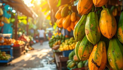Colorful papaya bunches at market stall