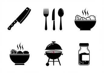 A collection of six black and white icons representing kitchen utensils, food, and cooking equipment.