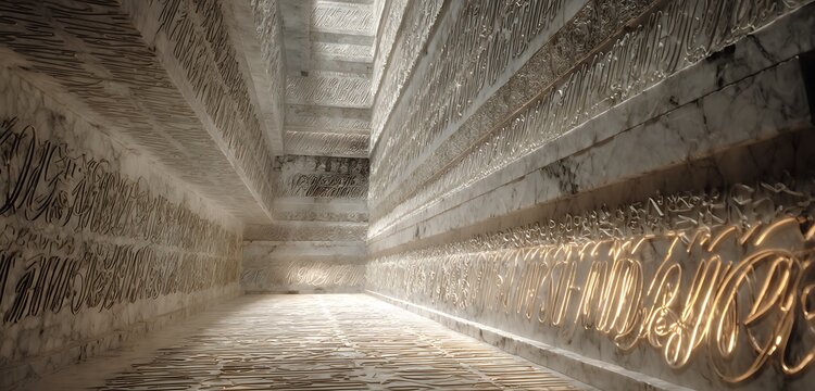 Cracked marble archive chamber with neon-lit carvings showing data flow history