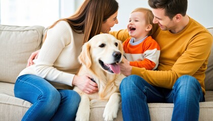 Family bonding with dog at home heartwarming moments indoor living room cozy environment joyful viewpoint