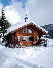 Snowy log cabin in winter