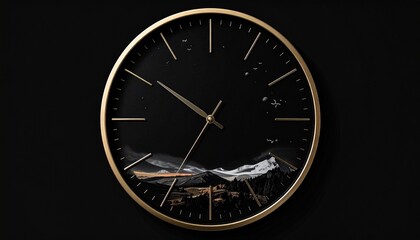 Render a modern wall clock with black face, silver tick marks, and three silver hands showing 10:10:30, mounted on a dark vertically paneled wall, emphasizing minimalist design and architectural contr