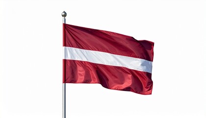 Render the national flag of Latvia with deep red-white-red horizontal bands, mounted on a flagpole and waving against a minimalist white background with faint horizon, emphasizing historical depth and