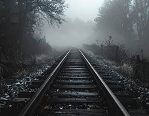 Obraz premium Foggy Railroad Tracks through Forest with Moody Atmosphere