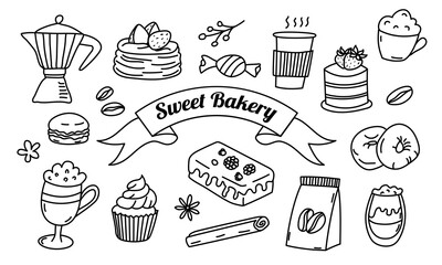 Hand drawn bakery doodle set with coffee and sweets