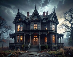 Fototapeta premium Spooky Abandoned Victorian Mansion on Stormy Dark Evening