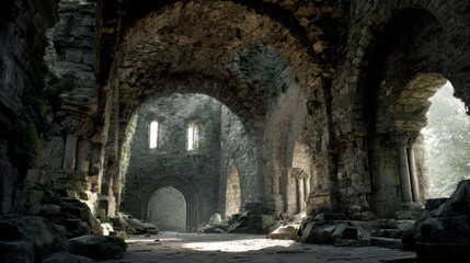 Ruined castle interior with crumbling stone archways and soft light, ancient and mysterious mood