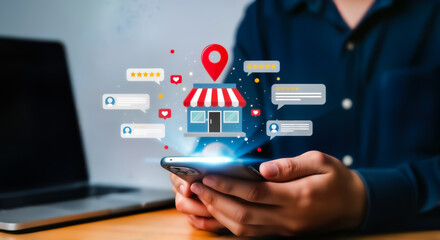 Local business marketing strategy online shop reviews and feedback on mobile phone and laptop screen