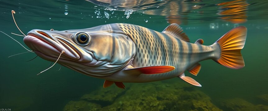 Large river catfish swimming underwater, showing details of its whiskers and body,   night,  catfish