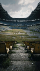 Abandoned stadium, empty seat, decaying structure, overgrown grass, moody atmosphere