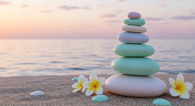 Zen stones stacked on sandy beach with plumeria flowers during sunset
