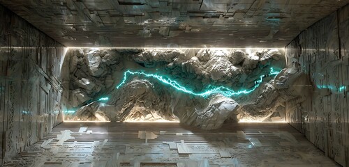 Cracked marble archive chamber with neon-lit carvings showing data flow history