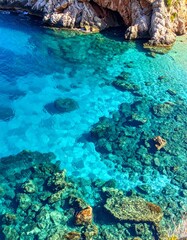 Obraz premium Crystal-clear turquoise water laps rocky cove