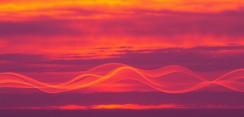 Fluid, vibrant hues of orange and purple paint the sky as abstract waves of light dance across the horizon, fluid, serene