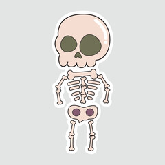Cartoon Skeleton Sticker. A cute, stylized vector illustration of a simple skeleton with a large head and visible bones. Perfect for Halloween-themed designs, stickers, and decorations