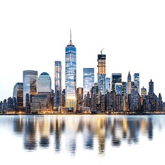 Obraz premium Modern city skyline with reflections on water at dusk