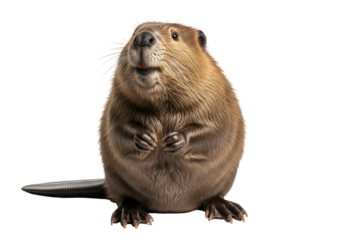 Close-up of a beaver, displaying detailed fur and paws, against a plain black background.