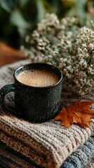 Cozy autumn coffee mug on knitted sweater with fall leaf — warm and inviting autumn coffee scene perfect for seasonal lifestyle and cozy autumn coffee atmosphere