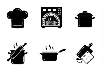 A set of black and white icons for web featuring kitchen and cooking food illustration including fork, knife, spoon, cup, and pan vector symbols