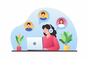 Customer service representative wearing headset talking to clients on video call using laptop computer