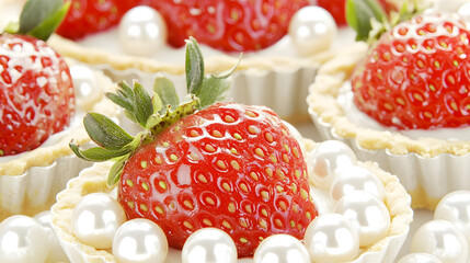 Fototapeta premium Close-up shot elegant strawberry tarts adorned creamy filling glistening pearls.