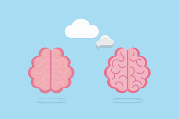 Two stylized pink brains floating in the air with thought bubbles and clouds above them against a blue background