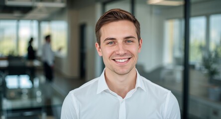 Obraz premium Portrait of a Smiling Man in White Shirt Modern, Bright Interior in Soft Focus.