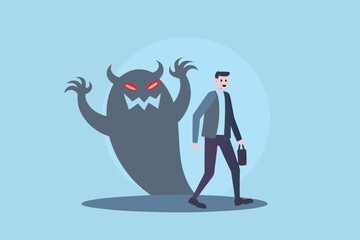 Businessman walking forward with a scary monster shadow looming behind him representing fear or challenges