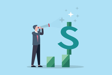 Businessman with telescope looking at growing dollar sign on bar chart representing financial success and future opportunities
