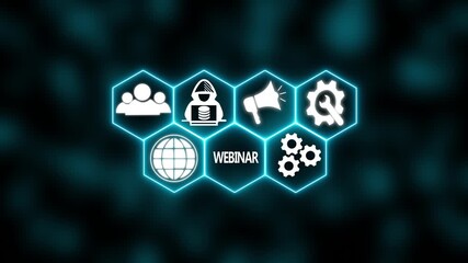 A Power "WEBINAR" button in German on a futuristic display. Technology and network concept. abstract wave technology background. with colorful light digital effect corporate concept.