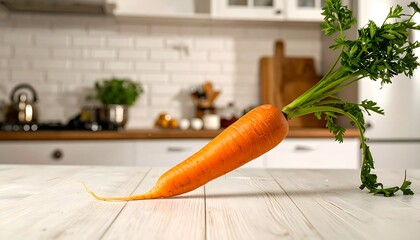 Fresh carrot on a white wooden table in a bright kitchen