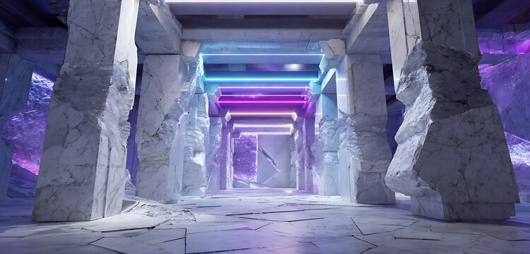 Cracked marble archive chamber with neon-lit carvings showing data flow history