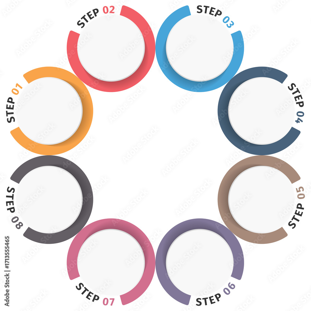 Poster circle diagram with eight elements, steps or options, flowchart or workflow diagram template