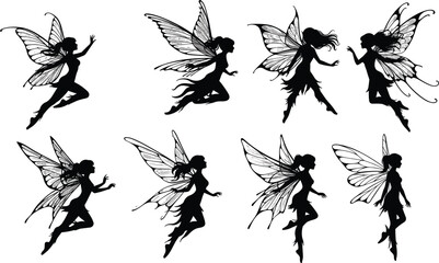 Fairy silhouette vector illustration, fantasy magical fairies flying, black wings art, mystical sprite design, enchanted mythical creature drawing, whimsical