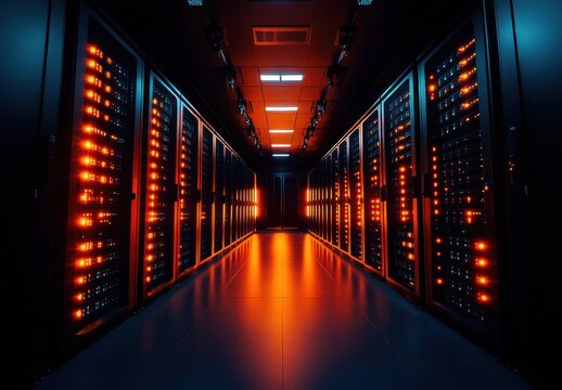 Illuminated Server Room Interior Glowing Orange and Blue Racks