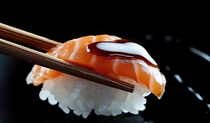 Close-up of chopsticks holding salmon sushi with soy sauce on black background, Japanese cuisine, food concept, elegant presentation