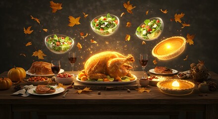 A Fantastical Thanksgiving Dinner: Glowing Turkey, Floating Food, and Swirling Autumn Leaves