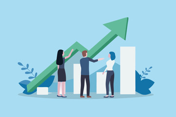 Business team collaborating around a growing financial graph and bar chart indicating success