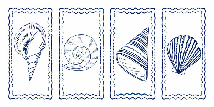 Collection of four distinct hand drawn blue ink seashells in decorative frames on white background
