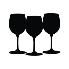 Silhouette of three wine glasses arranged closely together on a white background, wine glasses silhouette vector illustration